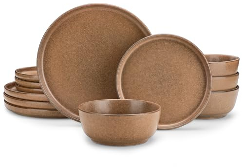 vancasso Zermatt Dinner Set 12 Pieces, Reactive Glaze Plates and Bowls Set for 4, Stoneware Dinner Set for 4 Kitchen Essentials, Brown