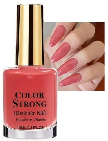 Coral Pink Nail Polish, 2-in-1 Colour Strong Nail Hardener Varnish with Keratin & Vitamin, Quick Drying High Gloss Nail Strengthener Polish for Weak Brittle Nails, No UV Lamp Needed, 10ml