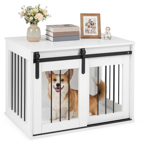 COSTWAY Hundekäfig Möbel, 80 cm Hundebox mit Schiebetür & Metallrahmen, Hundeschrank Holz für Wohnzimmer, Schlafzimmer & Flur, dekorativer Beistelltisch für kleine & mittelgroße Hunde (Weiß)