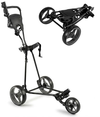 SPOTRAVEL 3 Wheel Golf Push Cart, Quick Folding Golf Bag Trolley | with Scoreboard, Accessories Storage, Umbrella & Cup Holder, Lightweight Golf Pull Cart with Foot Brake