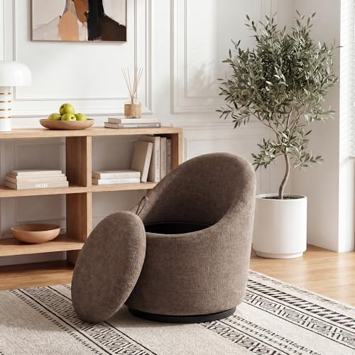 Barrel Swivel Accent Chair with Hidden Storage, 360° Rotating Lounge Chair, Upholstered Breathable Fabric, High Density Foam Seat, Modern Round Armchair for Living Room Bedroom,Brown