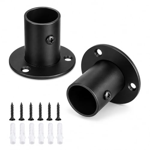GUGUGO 2 PCS Black 25mm Wardrobe Rail Bracket, Stainless Steel Deep Socket Flange, Heavy Duty Rod Holder, Wardrobe Rails and Fittings for Wardrobe, Cloakroom, Closet & Curtain Rod Accessories