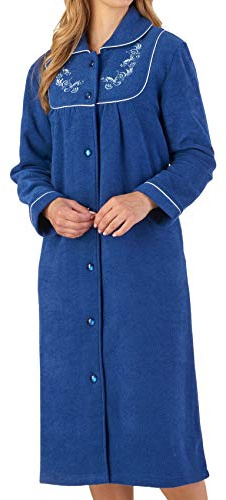 Slenderella Robe de bain avec boutons pour femme, doublure en polaire brodée douce (3 couleurs), bleu marine, XXL