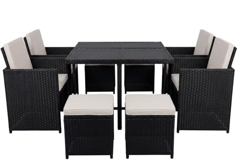 Panana 8 Seater Rattan Garden Dining Set with Table, 4 Chairs & 4 Stools, Cube Space Saving Outdoor Furniture for Patio, Conservatory & Garden