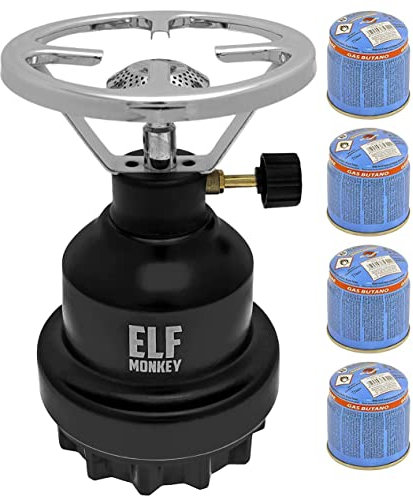 Campingkocher E190 | Set Metall-Gaskocher & Stechgas Kartusche | Gasherd Kochfeld 1-flammig | Outdoor, Freizeit | Camping, Notfall: Modell: Schwarz + 4x Gaskartusche