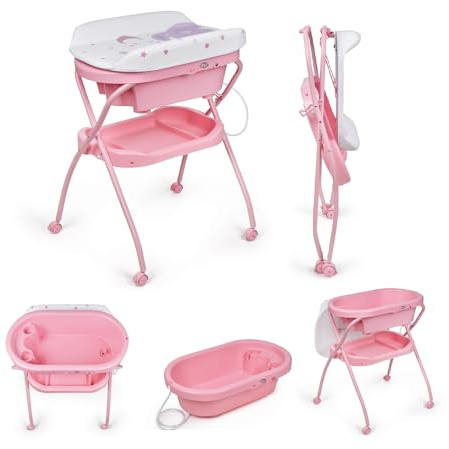 MS BabyWorld Bubble + Réducteur – Baignoire ergonomique pour bébé avec pieds et matelas à langer imperméable et rembourré | Fermeture compacte, organiseur, 4 roulettes avec freins (Rose)