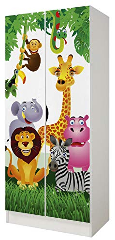 Leomark Blanc Armoire à Deux Portes - Roma - penderie pour vêtements, Style scandinave, Meubles pour Enfants, équipement pour la Chambre des Enfants, Dim: 161,5 (H) cm (Animaux)