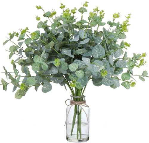 Beferr 3 Bunches Artificial Eucalyptus Stems Leaves, Fake Eucalyptus Branches Artificial Flowers, Faux Green Foliage Stems Silk Greenery for Flower Arrangement, Home Wedding Party Decoration