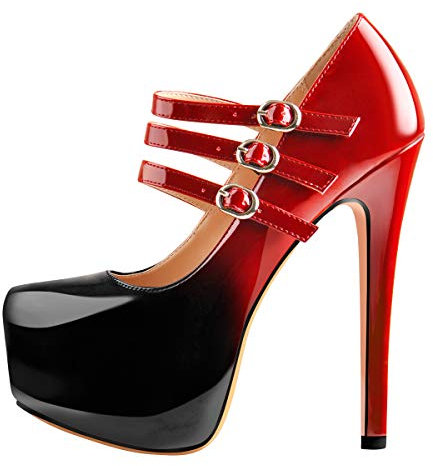 Only maker Damen Plateau Mary Jane mit Stiletto Absatz Klassische Pumps High Heel Zweifarbig Lackleder Schwarz Rot 41 EU