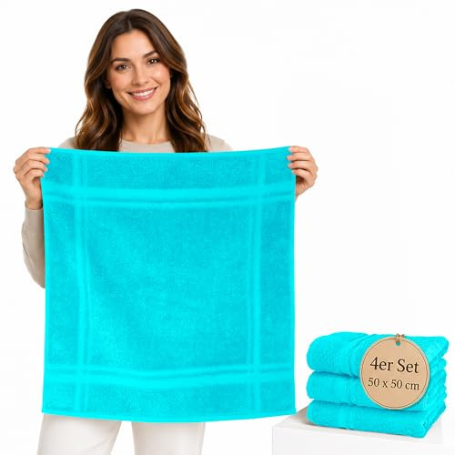 Lashuma Küchenhandtücher Frottee 50 x 50 cm, 4er Set, 100% Baumwolle, 450 g/m², Türkis | 450 gsm Frottee aus 100% Baumwolle für Küche als Händehandtuch