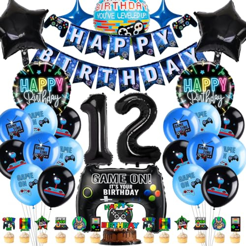 Videospiel Geburtstagsdeko 12 Jahre, Geburtstag 12. Junge Spiel,Gamer Party geburtstag Deko Set, XXL Gaming Controller Folienballons Set mit Banner Cake Topper，für Junge Geburtstag Spielthemen Party