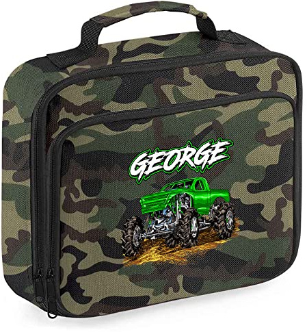 Personalised Monster Truck Lunch Cooler Bag, Boys Back to School Gifts, Custom Bags for Kids Who Loves Trucks, Primary Nursery Boys Girls Lunch Box, 24cm x 20cm x 8cm, Camo