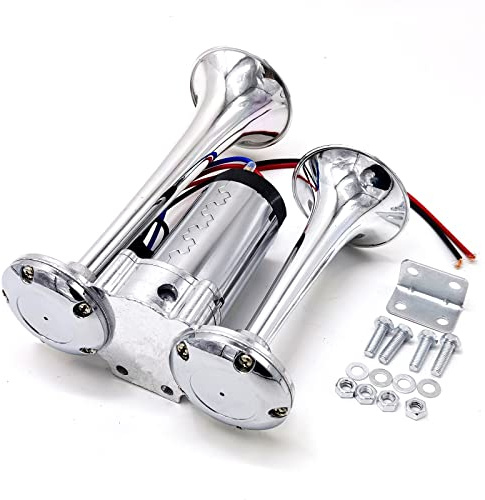 YIYIDA Clacson elettrico 24V Clacson per auto Air Horn 165db Clacson per nave Tromba da barca corno argento Clacson a tono alto e basso doppio tubo Car Horn Tromba d'aria per 24v yacht camion moto ecc