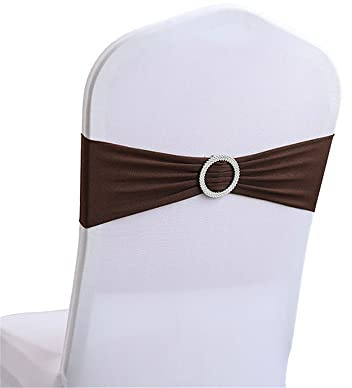 Highdi 10/20/30/50/100 Stück Spandex Stuhl-Schärpen, Stretch Schleifen Stuhlbänder mit Schnalle Schieber Elastische Lycra Stuhlschärpen für Party Hochzeit Stuhl Dekorationen (Dunkelbraun,50pcs)