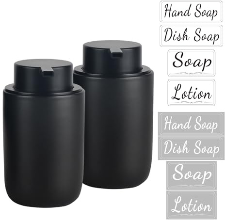 BosilunLife Foaming Soap Dispenser Set - Black Ceramic Foam Hand Dispenser 12oz Soap Dispenser Set with Rust Proof Pump, 4Pcs Clear Stickers for Kitchen, Bathroom - 2 Pack
