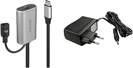 LINDY USB 3.1 Aktiv-Verlängerung Typ C/C M/F 5m & 70227 Euro-Steckernetzteil 5V DC 2A Level VI mit Mini-DC Rundstecker 3 44317 35mm, schwarz