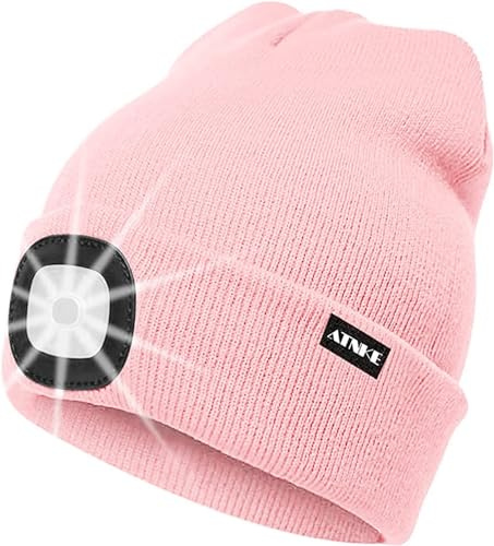 ATNKE LED Beleuchtete Mütze,Wiederaufladbare USB Laufmütze mit Licht Extrem Heller 4 LED Lampe Winter Warme Stirnlampe für Herren und Damen Geschenke