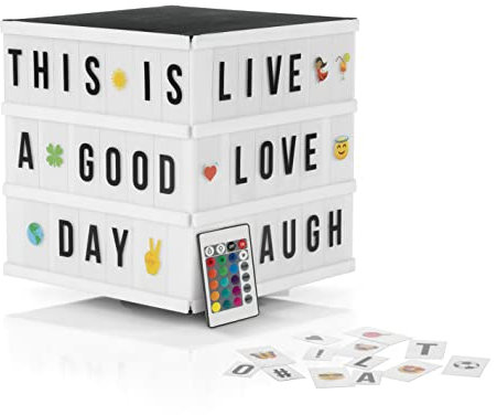 EASYmaxx LED-Leuchtkasten Light Box - Für individuelle Textbotschaften | Mega-Set mit 150 bunten Emojis und 173 austauschbaren Buchstaben, Zahlen und Symbolen [Würfel]