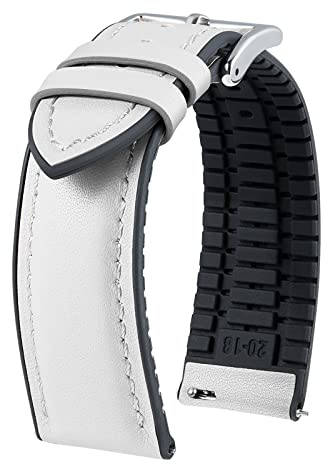 BINLUN Uhrenarmbänder Hybrid aus Leder & Gummi Schnellverschluss Uhrenarmband für Smartwatches aus Leder und Silikon Erstklassige Qualität 6 Farben Herren Damen（Weiß,22mm,Silberne Schnalle)