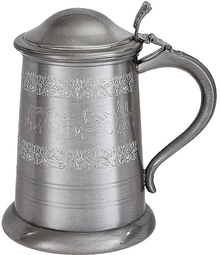 I LUV LTD Zinn mit Deckel Krug 1 Pint Mittelalterliche Jagdtierszene mit Antikem Finish Schwanengriff Rein Bier Krug Personalisierte Geschenke für Männer und Frauen