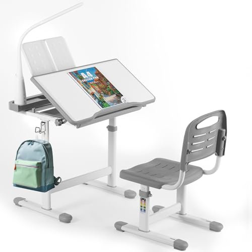 Clevich Höhenverstellbarer Schreibtisch und Stuhl Set,Kinderschreibtisch Stuhl mit Lampe, Jugendschreibtisch Kinder Multifunktionaler Schülerschreibtisch mit Stuhl und Schublade LesestäNder (Grau)