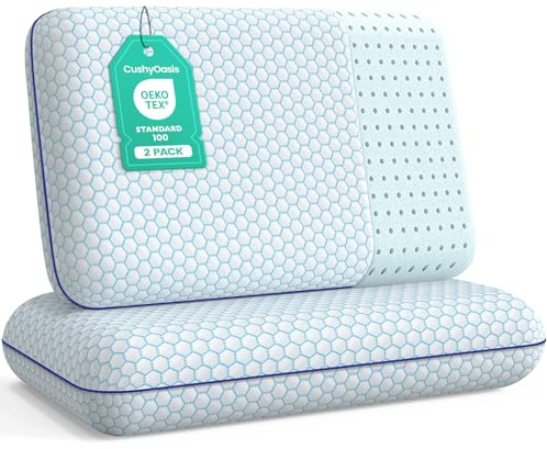CushyOasis Memory Foam Pillows for Side, Back and Stomach Sleepers, Set of 2, Bed Pillow with Washable Cover and Breathable Mesh, Bed Pillow for Sleeping (Blue，Standard Size)