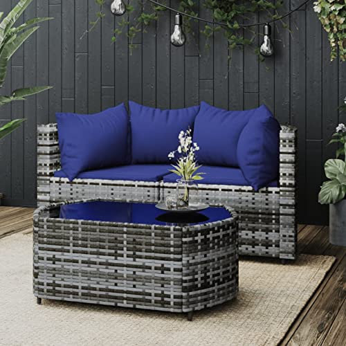 SECOLI Gartensofa Rattan Balkonmöbel Kleiner Balkon Garten Lounge Gartenmöbel Set Rattan Balkonsofa Loungemöbel Terrasse Terrassenmöbel-Grau und Blau-3-tlg