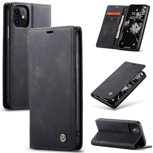 owlhold Handyhülle für iPhone 11 Hülle, Premium Lederhülle Weiches Vintage-Nubukleder Faltbare Ständer Klapphülle Kartenfach Standfunktion stoßfest Schutzhülle für iPhone 11 -Schwarz