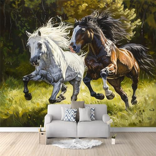 Laufendes schwarzes und weißes Pferd Fototapete 3D Effekt 200 x 140cm Fototapeten Wandbild Motivtapeten Vlies-Tapeten Moderne Wandtapete Wand Wohnzimmer Spielzimmer Dekoration