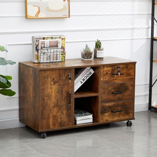 CLIPOP Rollcontainer abschließbar, 3 Schubladen + offenes Fach, 90*40*57 cm | Mobiler Aktenschrank Abschließbare,Für unter den Schreibtisch, Briefe & Ordner,Vintage Braun, mobil Büromöbel