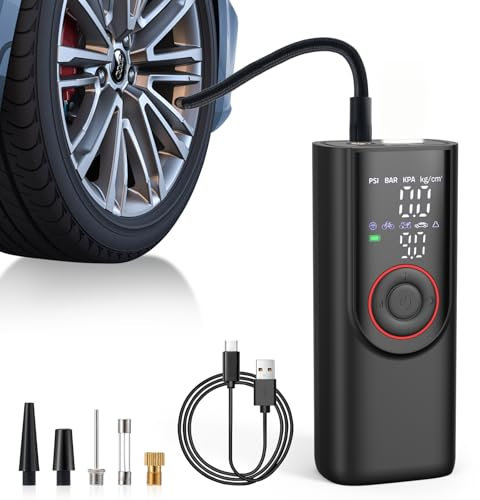 Helmsyde Mini Compresor de Aire Inflador de neumáticos digital portátil bomba de neumáticos de coche con adaptadores de boquilla y luz LED para coche, motocicleta, bicicleta bola