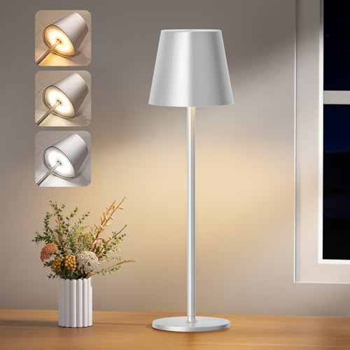 PreeOtti Tischlampe Kabellos, Dimmbare Tischleuchte Akku LED mit 3 Farbtemperatur, Stufenlos Dimmbar, Touch Lampe mit USB-C Aufladbar für Outdoor Nachttisch Esstisch Camping(Silbergrau)