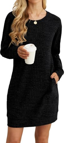 PrinStory Women Jumper Dress With Side Pockets Long Sleeve Winter Mini Dresses Casual Loose Knitted Pullover Sweater Tunic Tops Basic Dress
