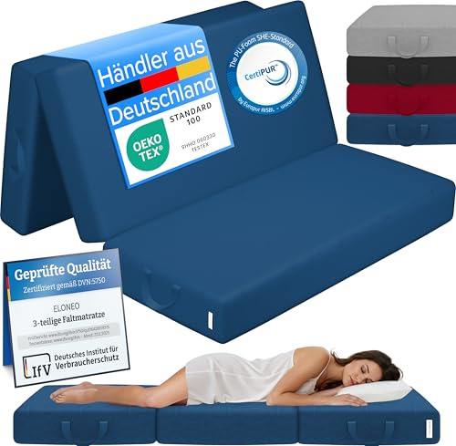 ELONEO Colchón Plegable, colchón para Invitados, colchón Plegable de 3 Piezas, Espuma Extra Gruesa (15 cm), Lavable, Plegable, Adultos (Azul, 140 x 195 x 15 cm)