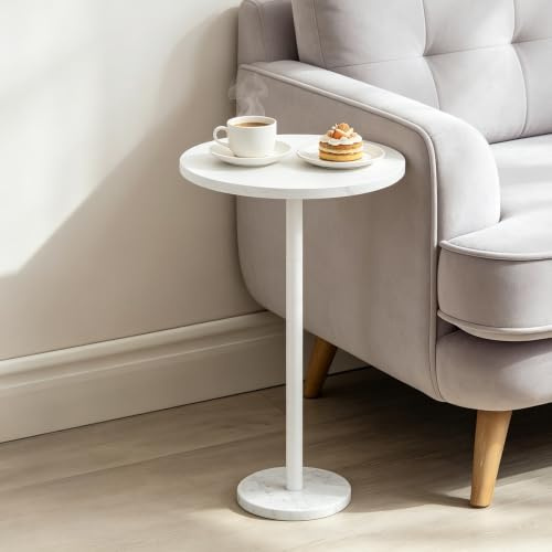 smusei Small White Side Table Round Coffee Table with Marble Base
