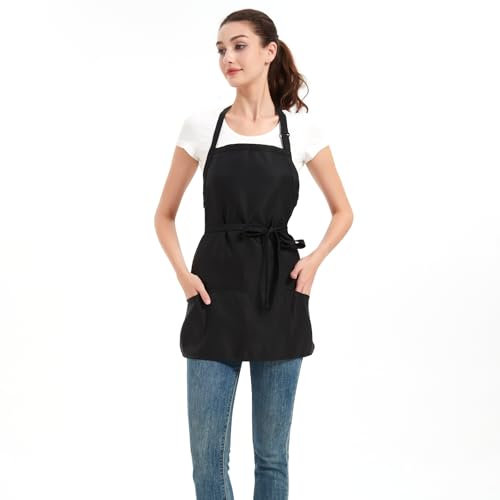 Syzornk Short Aprons for Women with 3 Pockets,Waterproof Black Chef Apron for Cooking, Men Kitchen Apron for Grilling Bbq