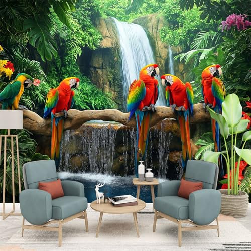 Papier Peint Panoramique Perroquets colorés dans la jungle, 150 x 105 cm Plantes vertes et cascades Papier Peint Intissé Personnalisé Photo Murale pour Salon Chambre d'enfants Décoration Murale