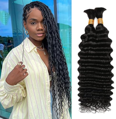 Extensions de cheveux humains ondulés en vrac pour tresses bohèmes - Pour tresses - 100 % sans trame - Extensions de cheveux humains brésiliens vierges et bouclés - Pour tresses bohème (Deep Wave 1B