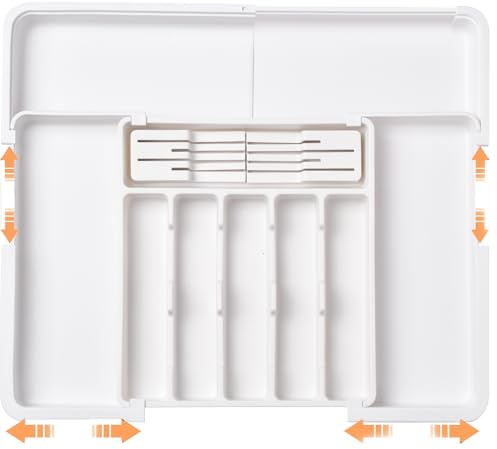 ZHUlYIWIN Besteckkasten für Schubladen, verstellbarer Schubladen Organizer Küche mit 2 Messerhalter, Erweiterbarer Besteckeinsatz für Schubladen Cutlery Organizer Kücheaus aus Kunststoff (Weiß)