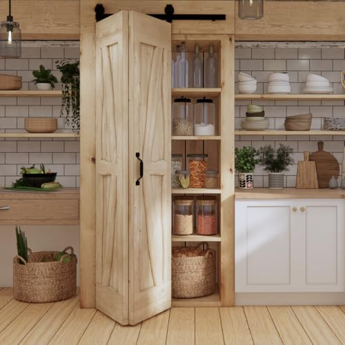 SEART Massive Eichenschiebetür Scheunentür mit Bifold Schiebetürbeschlag 100x210 cm (Rohholz)
