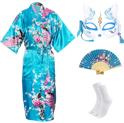 CRFASIBE Kimono Robe Japonés para Mujer, Japonés Traje Tradicional para Fiestas, Kimono Estampado Peacock con Máscara, Ventilador Manual y Calcetines Set Completo(Azul,XL)