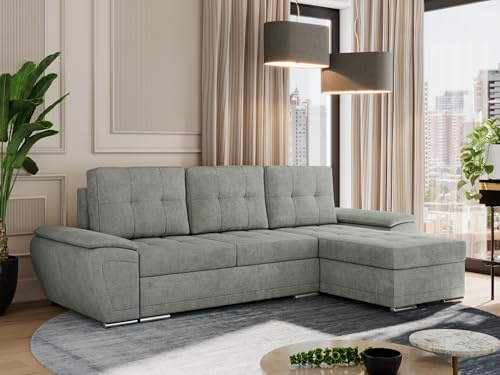 MKS MEBLE Sofa mit Schlaffunktion - Ecksofa mit Schlaffunktion und Bettkasten - Sofa 3 Sitzer - Schlafsofa - Couch - Schlafsofa mit Bettkasten - Umbria L - Grau Stukture