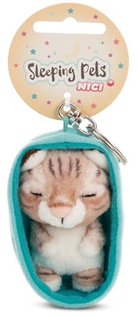 Nyckelring ”Sleeping Pets”, katt, tigerrandig, 8 cm, i korg, brun, lojal följeslagare för ryggsäck eller väska, nyckelhållare för små och stora, 61608