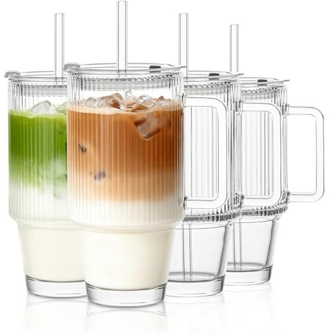 KEMORELA 4 Pack 24oz / 710ml Ribbed Glass Tumblers with Handle, Lids & Straws – Glass Cups Set, Iced Coffee Glasses, Drinking Glass Set for Smoothies, Juice & Cold Drinks, Dishwasher Safe