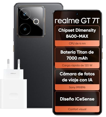 realme GT 7T Smartphone, 5G Dual SIM, 12GB RAM, 256GB ROM, 6,8 AMOLED Display, Dimensity 8400-MAX Chipsatz, 7000mAh Titan Akku, AI Travel Snap Kamera, IceSense Schwarz (Adapter Enthalten)