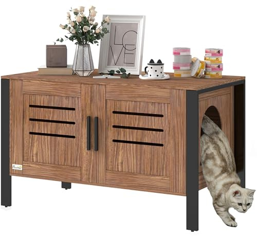 PawHut Cat Litter Box Enclosure with Tall Legs 80 x 45 x 50 cm Dark Brown | Hidden Litter Box Furniture Washroom, Scratching Board, Double Doors, Ventilation Holes, Indoor Cat House Side End Table