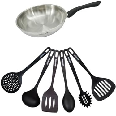 Fackelmann 9440950 Set poêle 24 cm en inox 18/8 et 6 ustensiles RPET, Poêle de cuisson, Poêle tous feux, Poêle induction, Poêle sans PFAS, Acier inoxydable 18/8, RPET, 24 cm