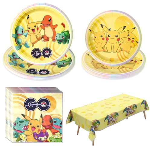 GOACRS Pappgeschirr Set, 41pcs Partygeschirr mit Pappteller Servietten Tischdecke für 10 Gäste, Bunter Papier Teller, Cartoon Anime Geschirrset für Kindergeburtstag Partydeko und Tischdeko Zubehör