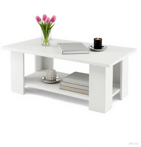 LIFEZEAL Tavolino da Salotto, Tavolino Basso a 2 Ripiani, Tavolino da Caffè, Tavolino da Divano, in Legno, Montaggio Semplice, per Soggiorno, Peso Max 125 kg, Bianco (90x52x40 cm)
