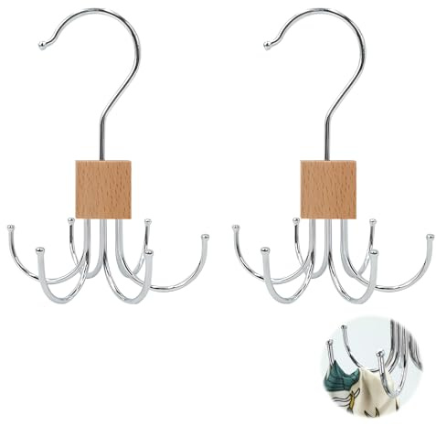 2Pcs Belt Hanger for Wardrobe, Rotatable Belt Organizer Tie Hanger Holder with 6 Hooks Multifunctional Organiser Space-Saving Closet Storage Metal and Wood Bra Storage for Tank Top Scarf Hat Purse